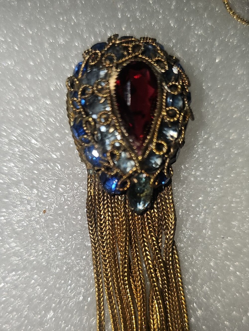 Vintage Gold Tassel Pendant with Red and Blue Stones - Picture 3 of 6